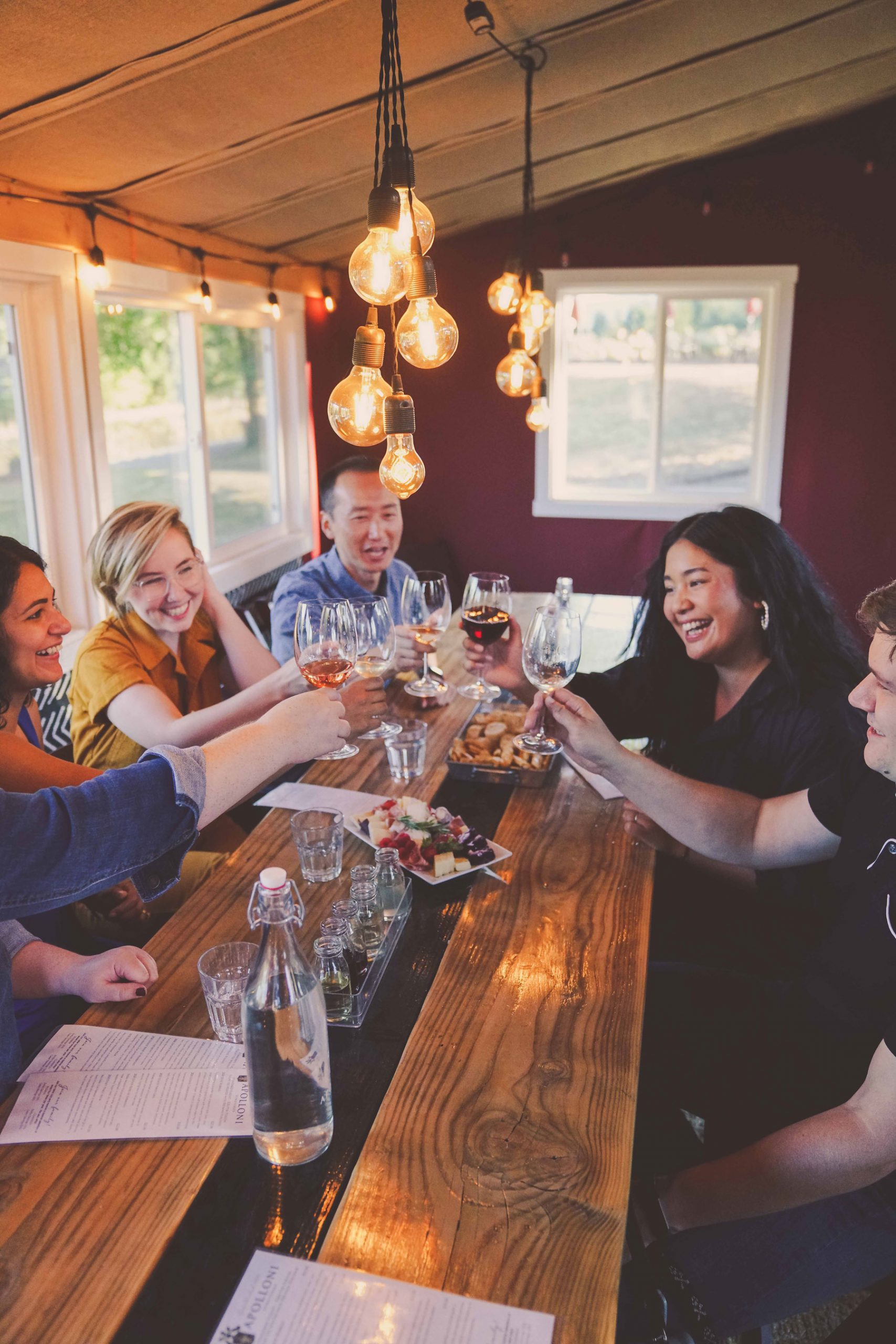 A group of people cheers-ing with wine glasses
